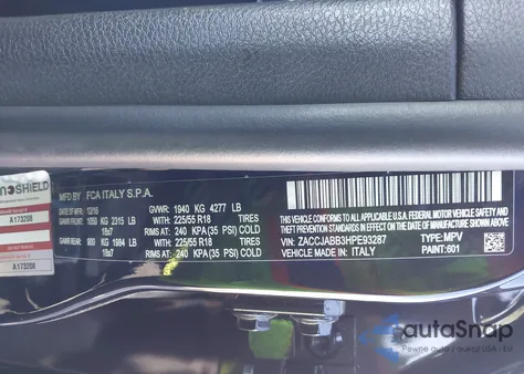 2017 Jeep Renegade Altitude Fwd from USA, damaged, VIN ZACCJABB3HPE93287